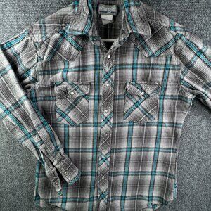 Wrangler Western Shirt Long Sleeve Pearl Snap Women’s Blue Gray Medium Plaid